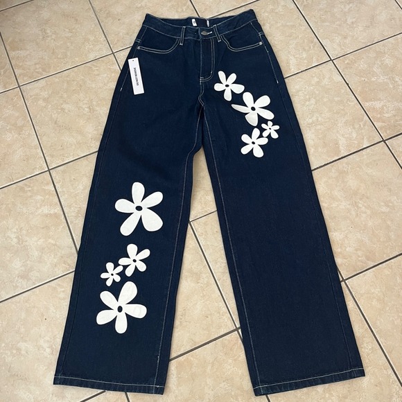 Princess Polly Denim - Princess Polly Daisy Wide Leg Jean 4 Dark Wash Flower High Rise Denim Streetwear